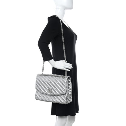 Balenciaga Metallic Arena Calfskin Logo Matelasse Large BB Flap Chain Shoulder Bag Argent 2 of 9