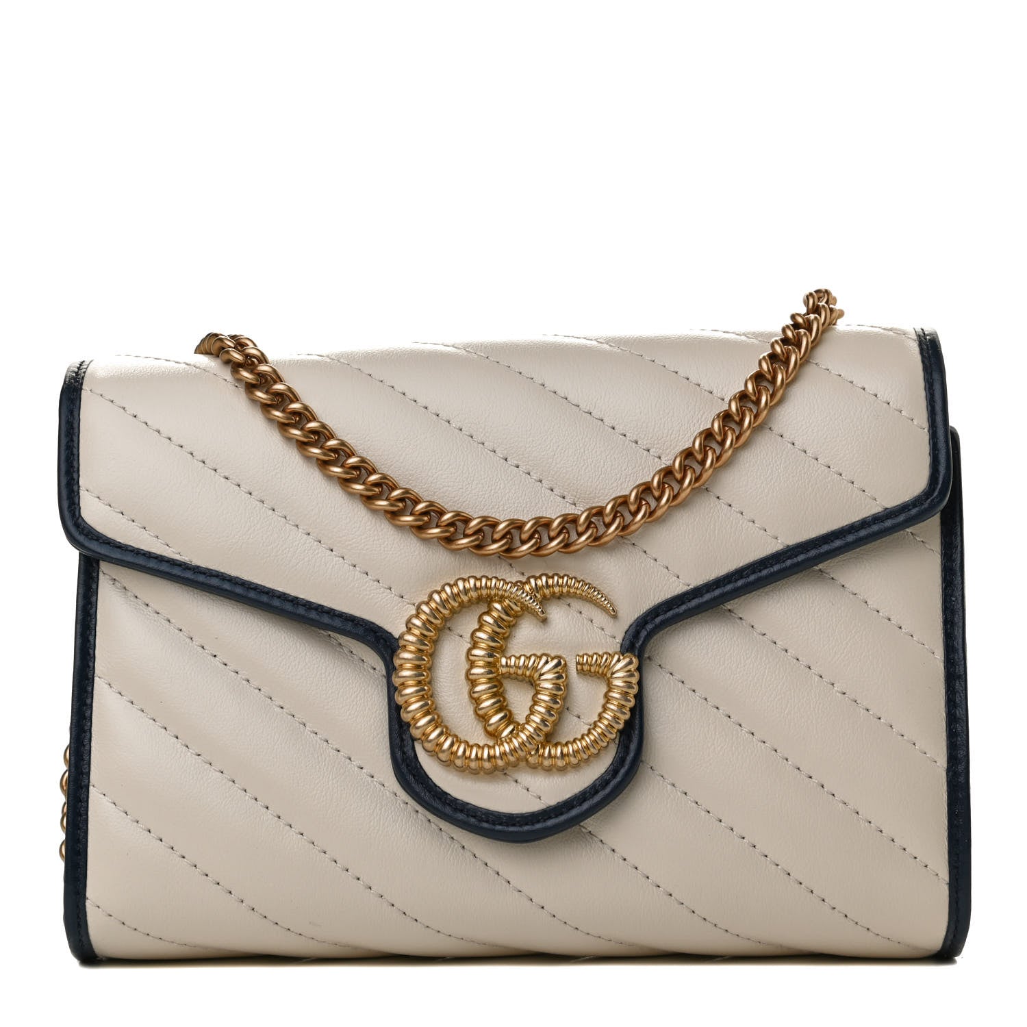 Gucci Vintage Effect Calfskin Matelasse Diagonal Torchon GG Marmont Chain Wallet Mystic White Blue Agata 1 of 10