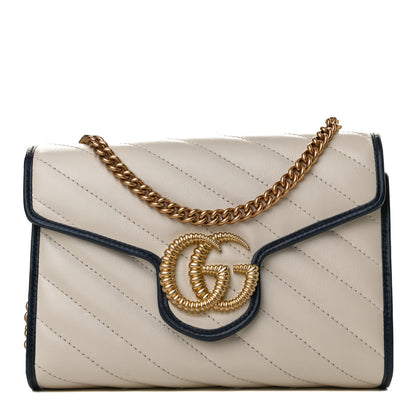Gucci Vintage Effect Calfskin Matelasse Diagonal Torchon GG Marmont Chain Wallet Mystic White Blue Agata 1 of 10