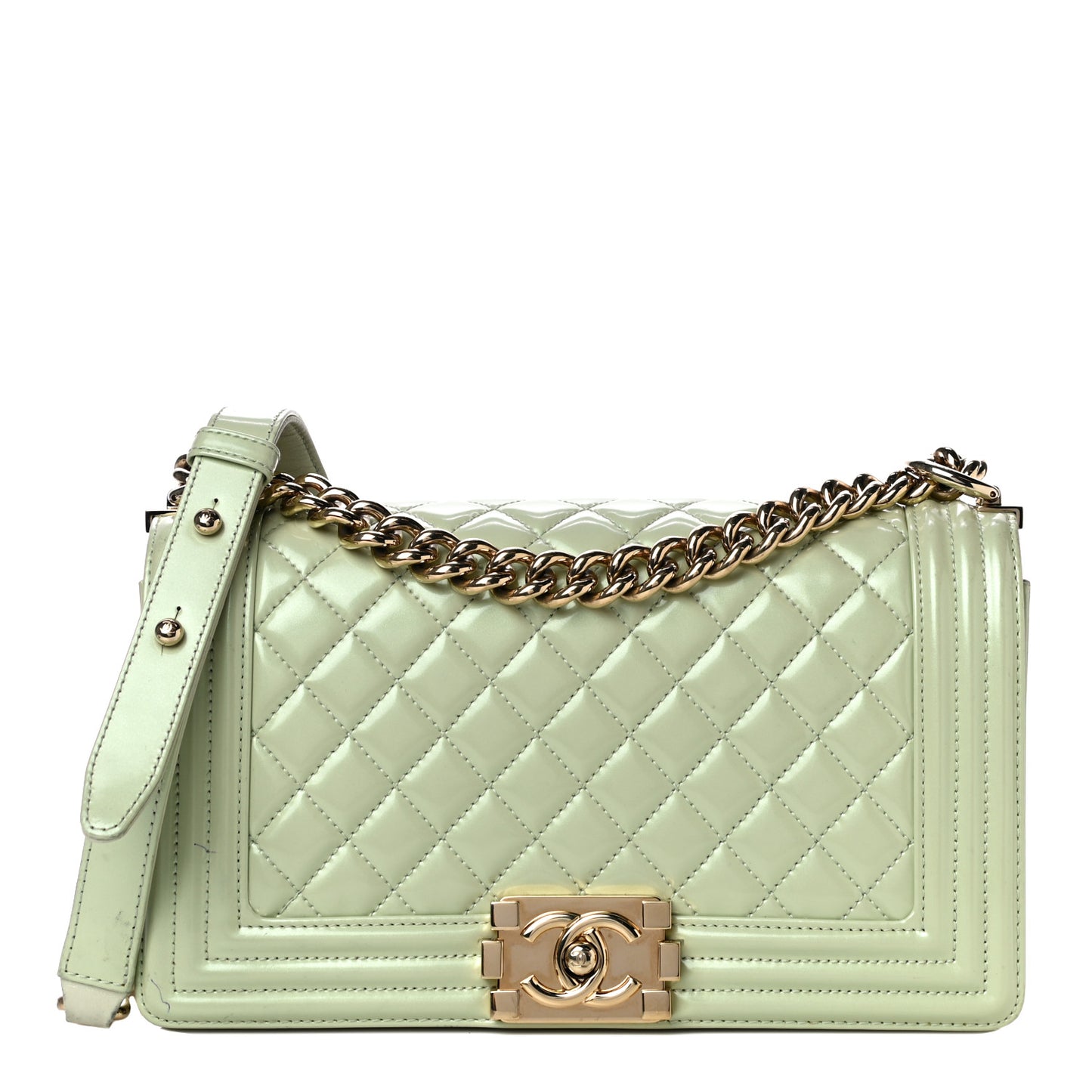 Patent Calfskin Quilted Medium Boy Flap Light Green