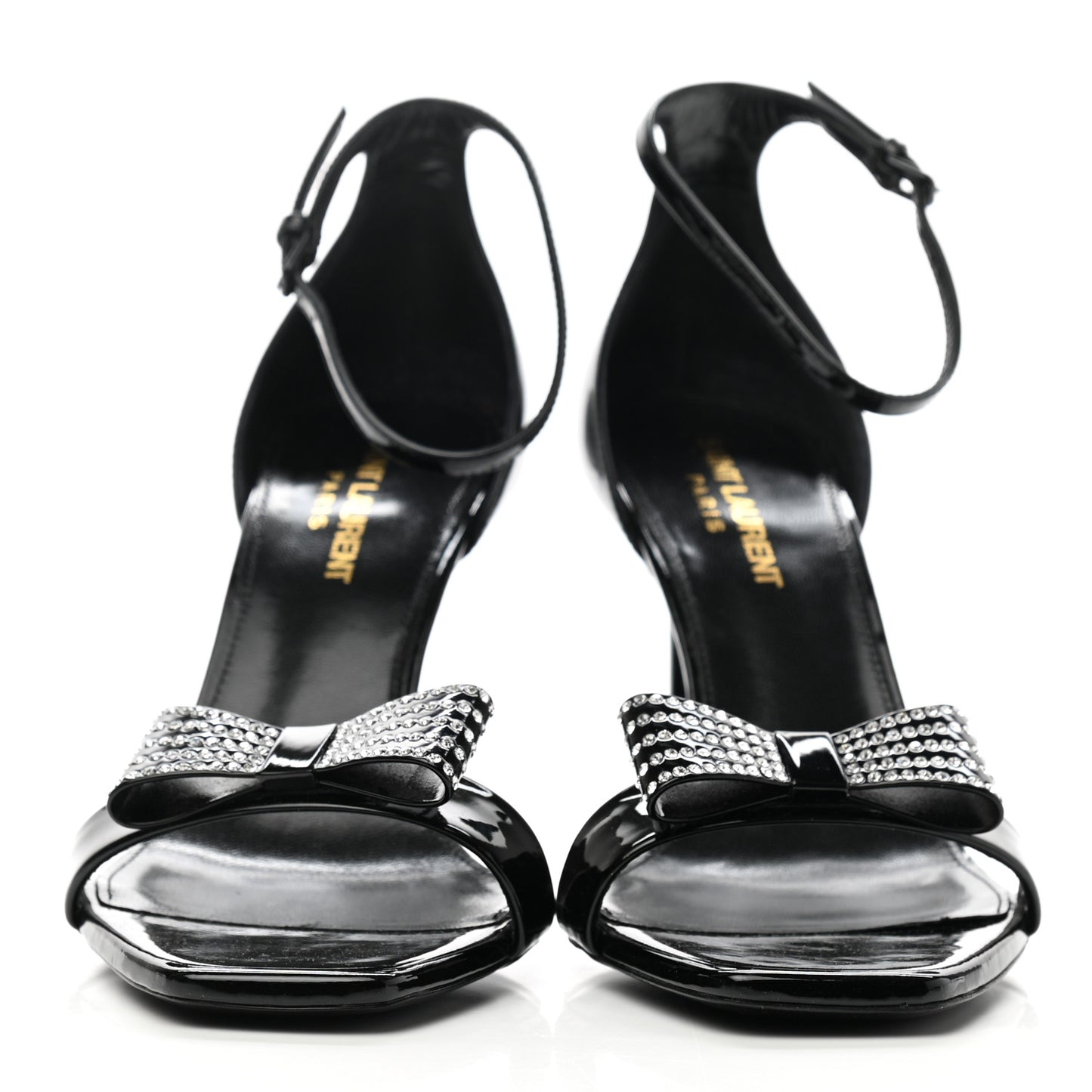 Patent Calfskin Crystal Amber Bow 85 Ankle Strap Sandals 38.5 Black
