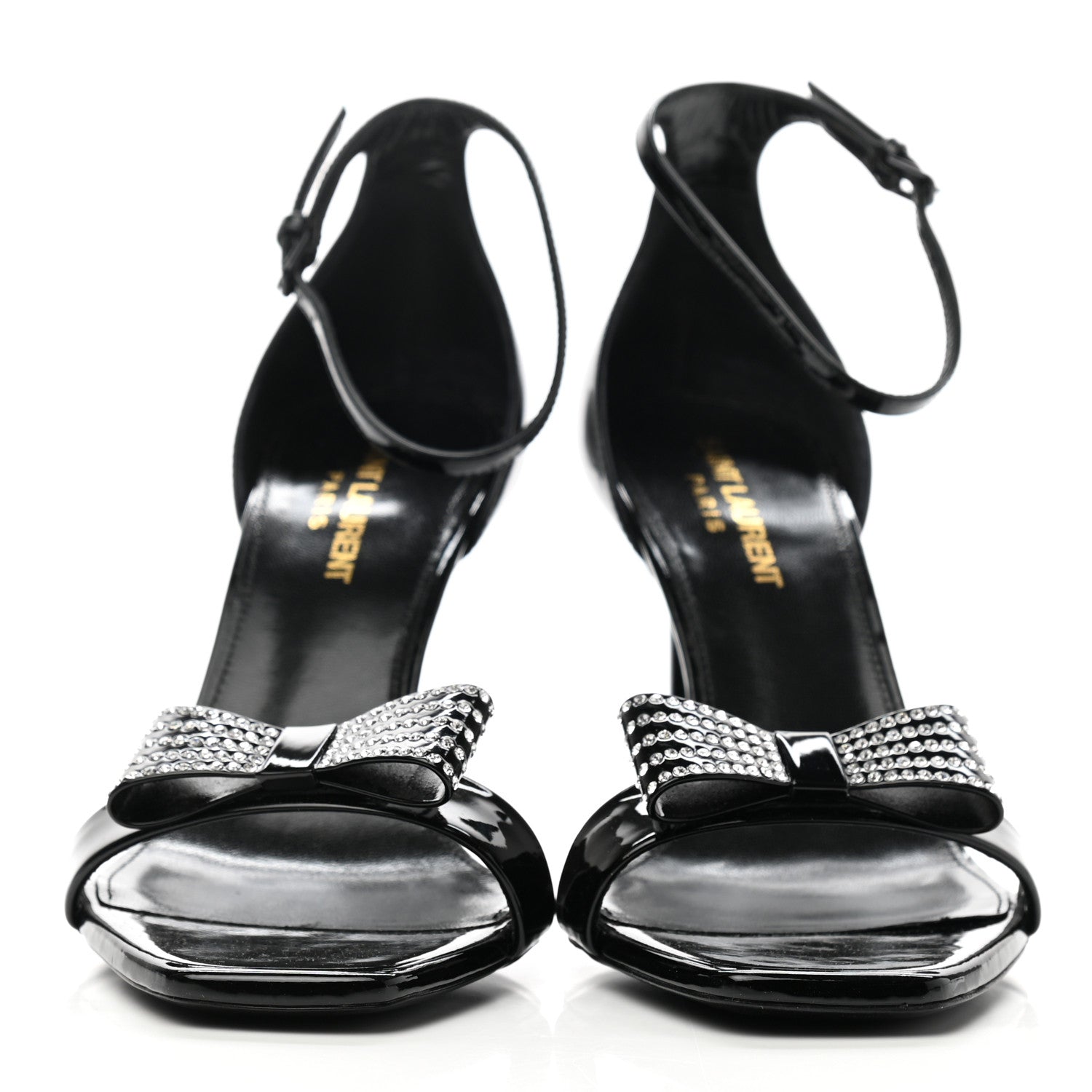 Saint Laurent Patent Calfskin Crystal Amber Bow 85 Ankle Strap Sandals 38.5 Black 2 of 7
