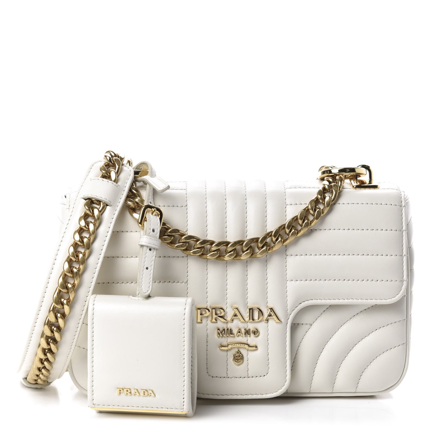 Prada Soft Calfskin Impunture Diagramme Small Chain Flap Shoulder Bag White 1 of 9