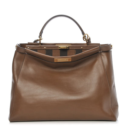 Fendi Vitello Morgan Fabric Jacquard Pequin Large Peekaboo Iconic Satchel Foresta Tobacco Black 1 of 16