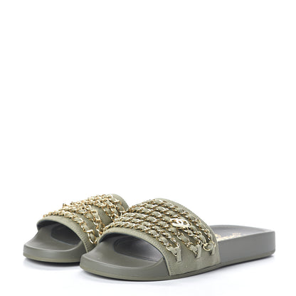 Chanel Canvas Chain Flat Sandals 37 Khaki 3 of 7