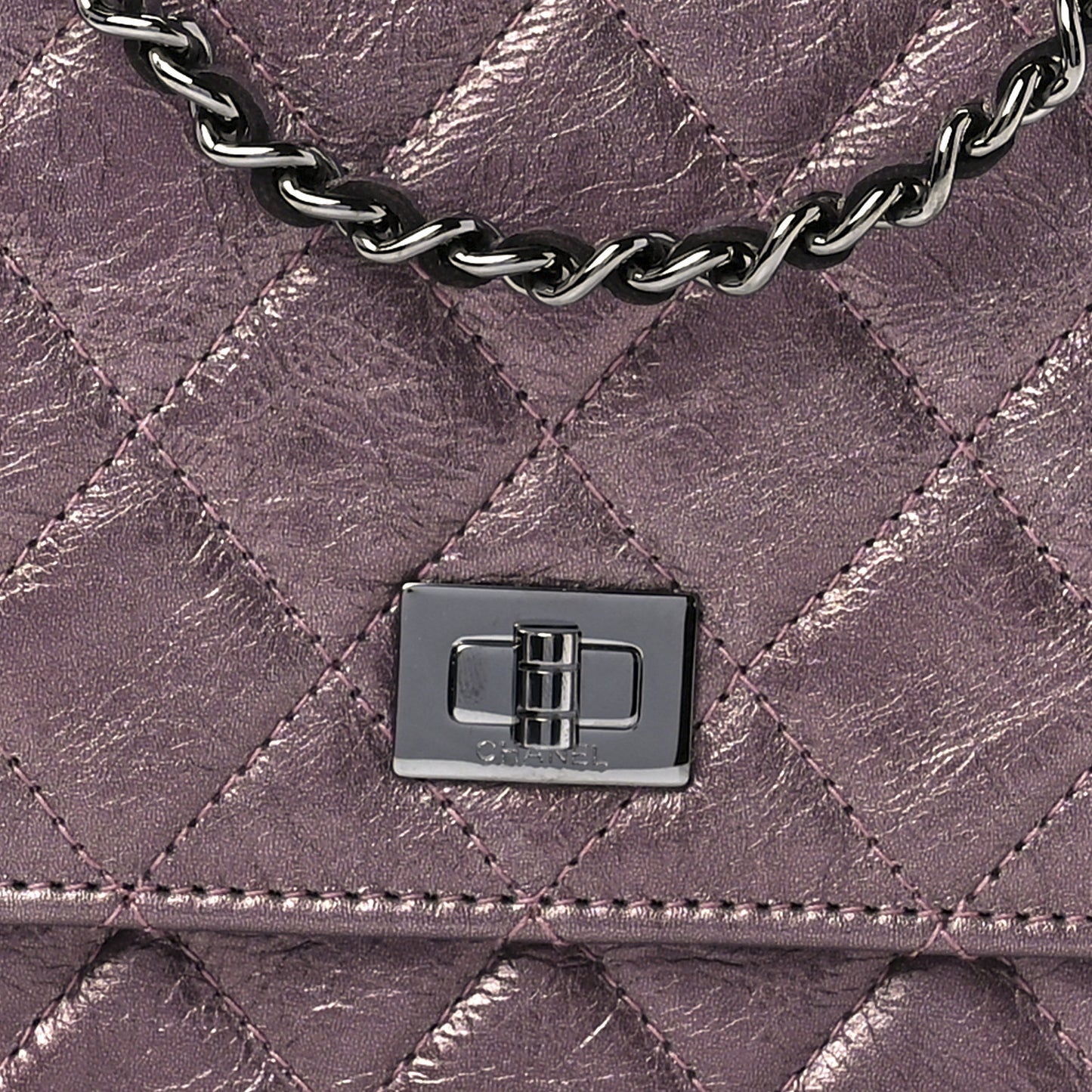Metallic Aged Calfskin Quilted 2.55 Reissue Wallet on Chain WOC Purple