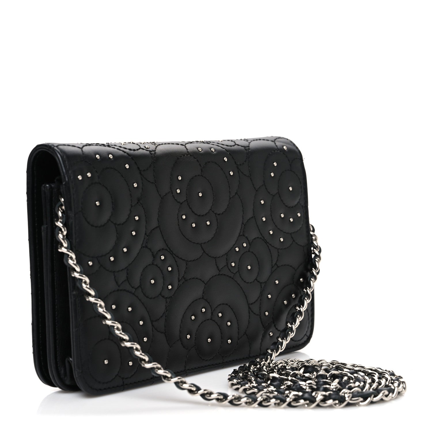 Chanel Lambskin Camellia Studded Wallet on Chain WOC Black 3 of 11