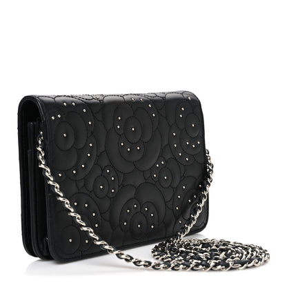 Chanel Lambskin Camellia Studded Wallet on Chain WOC Black 3 of 11