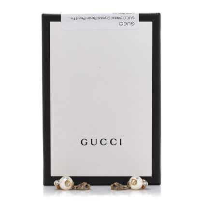 Gucci Metal Crystal Resin Pearl Feline Clip On Earrings Aged Gold 6 of 6