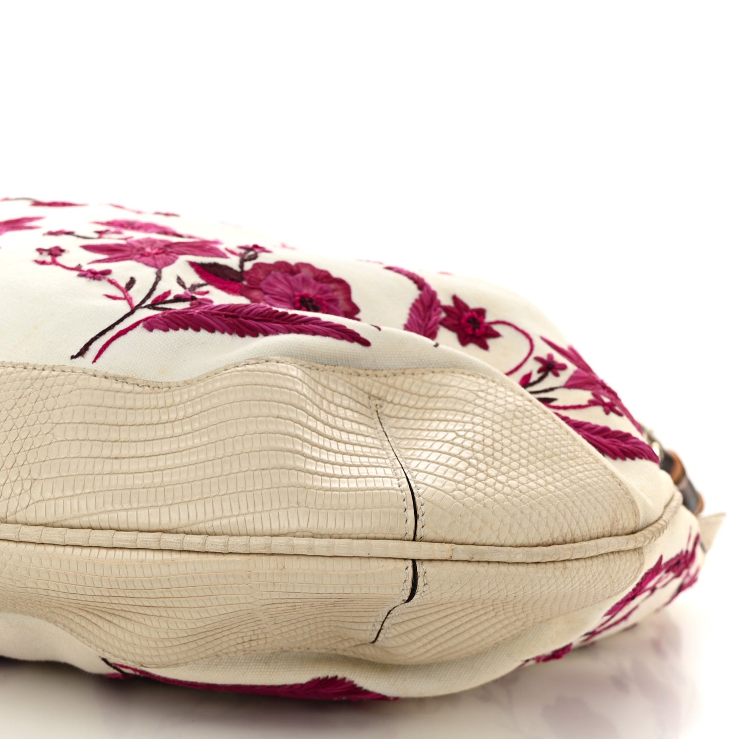 Lizard Canvas Embroidered Peggy Bamboo Top Handle Hobo White Pink