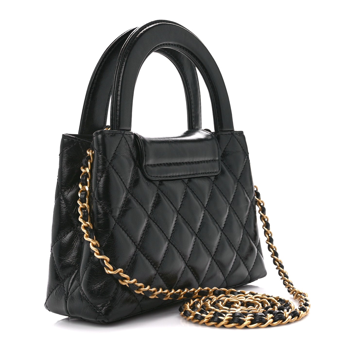 Shiny Aged Calfskin Quilted Nano Kelly Shopper Black
