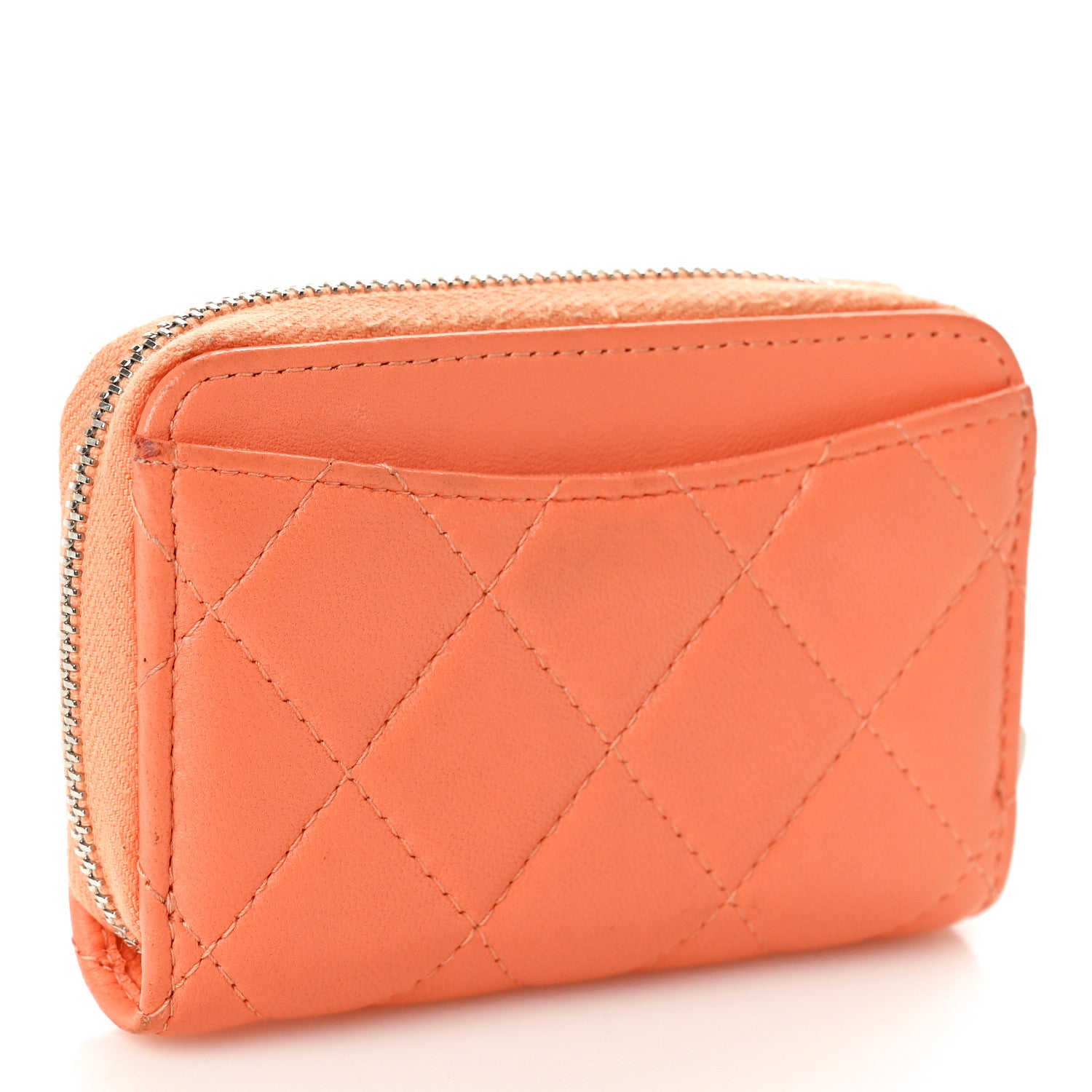 Chanel Lambskin Quilted Zip Around Coin Purse Wallet Coral 3 of 9