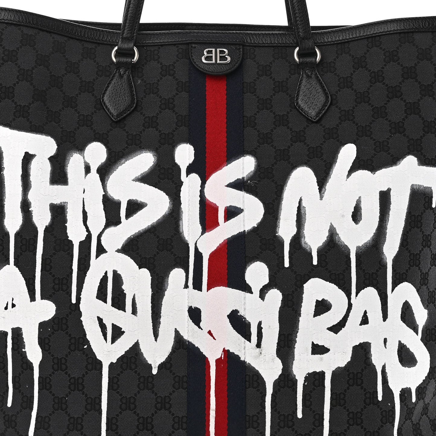 X BALENCIAGA BB Monogram Web Graffiti Large Ophidia Shopping Tote Black
