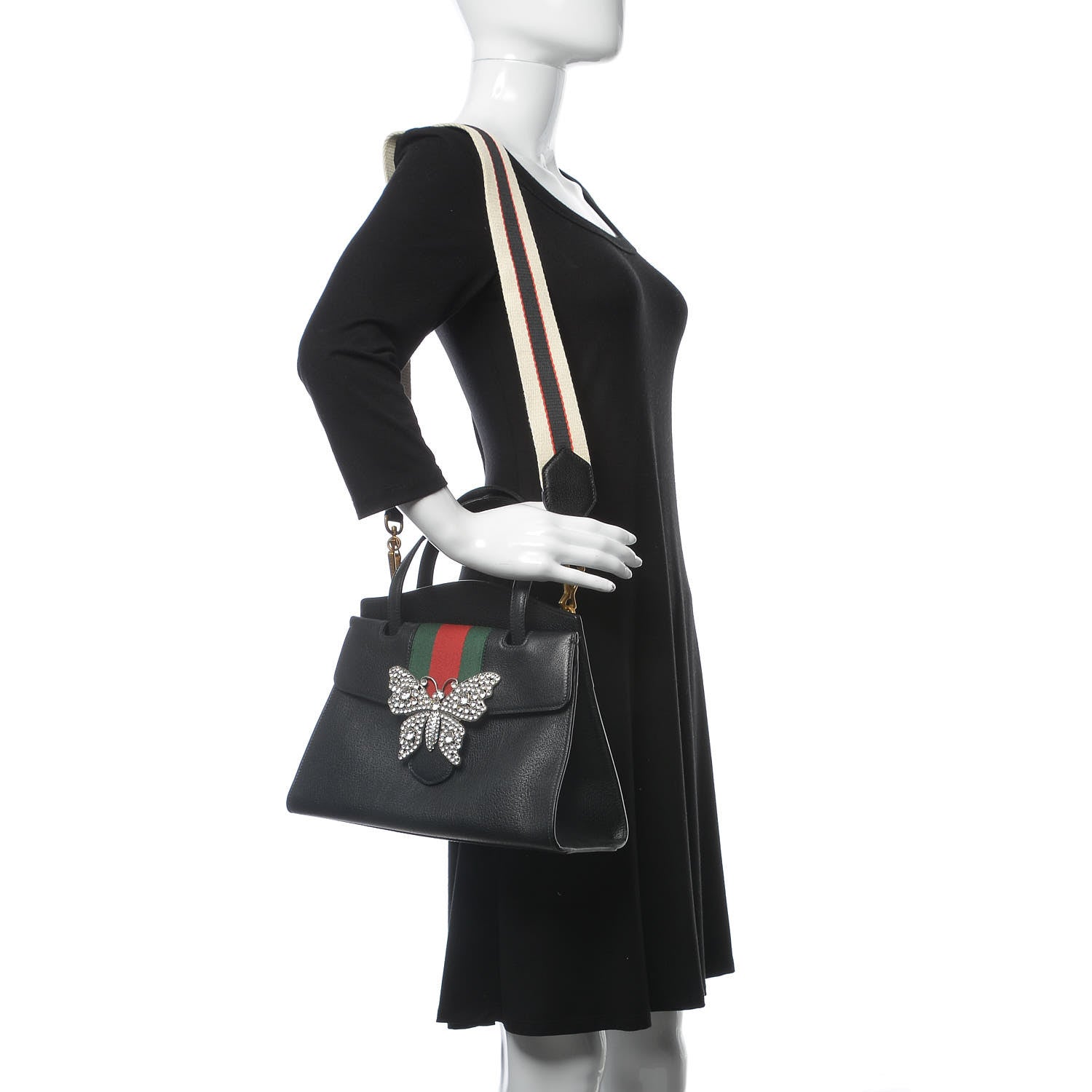 Gucci Grained Calfskin Web Crystal Butterfly Stripe Medium Totem Top Handle Bag Black 2 of 10