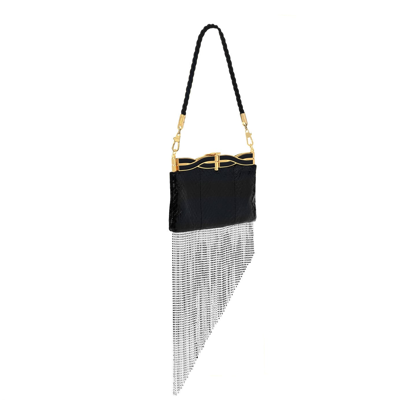 Snakeskin Crystal Fringe Broadway Evening Clutch Bag Black