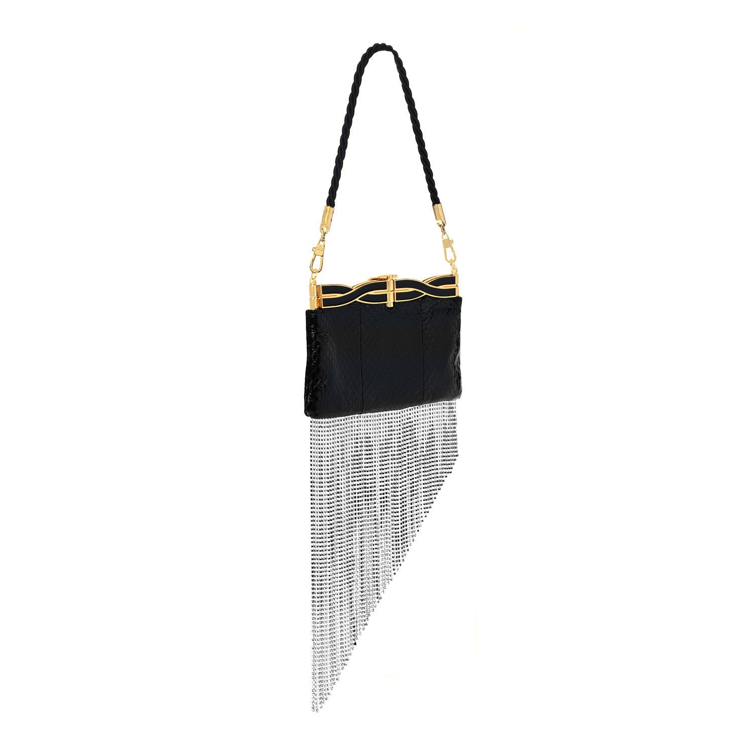 Gucci Snakeskin Crystal Fringe Broadway Evening Clutch Bag Black 3 of 10