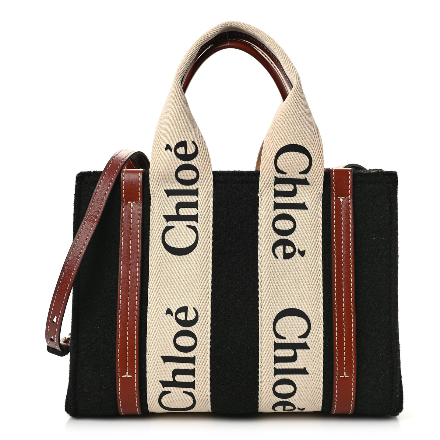 Felt Calfskin Small Woody Ribbon Tote With Strap Black