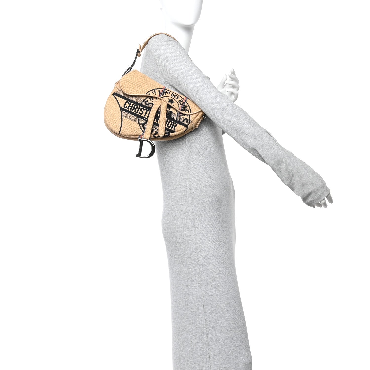 Christian Dior Canvas Jute Embroidered Saddle Bag Black Beige