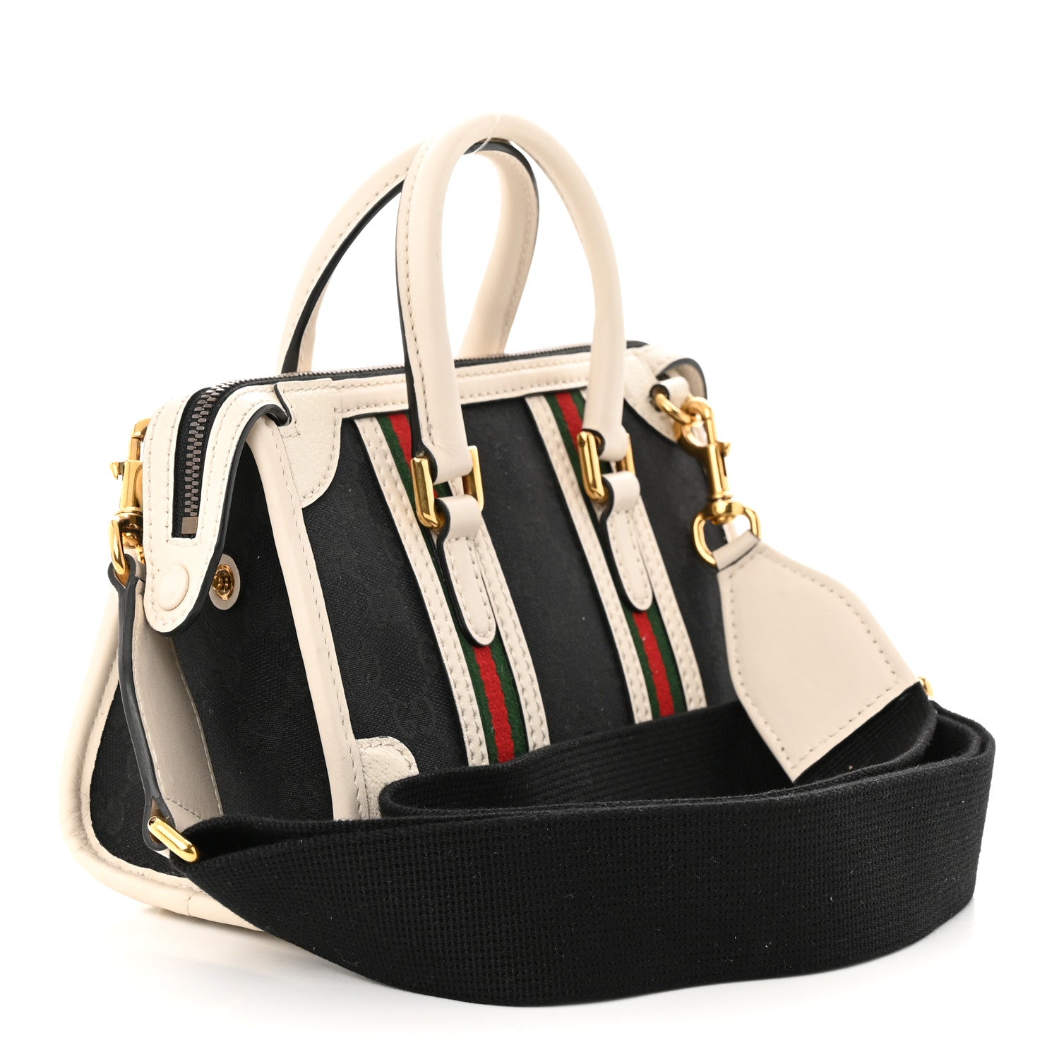 Gucci Monogram Textured Dollar Calfskin Web Mini Bauletto Duffle Top Handle Bag Black Mystic White 3 of 11