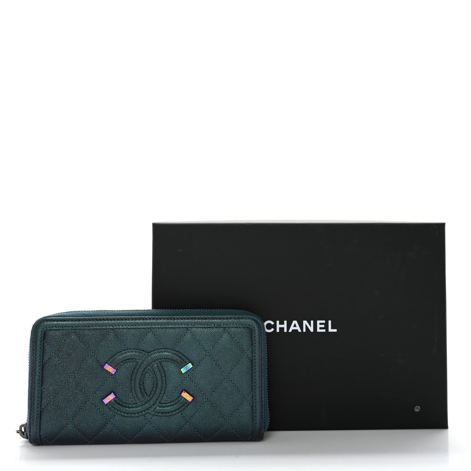 Chanel Iridescent Caviar Quilted Medium Filigree Zip Around Wallet Dark Turquoise 10 of 10