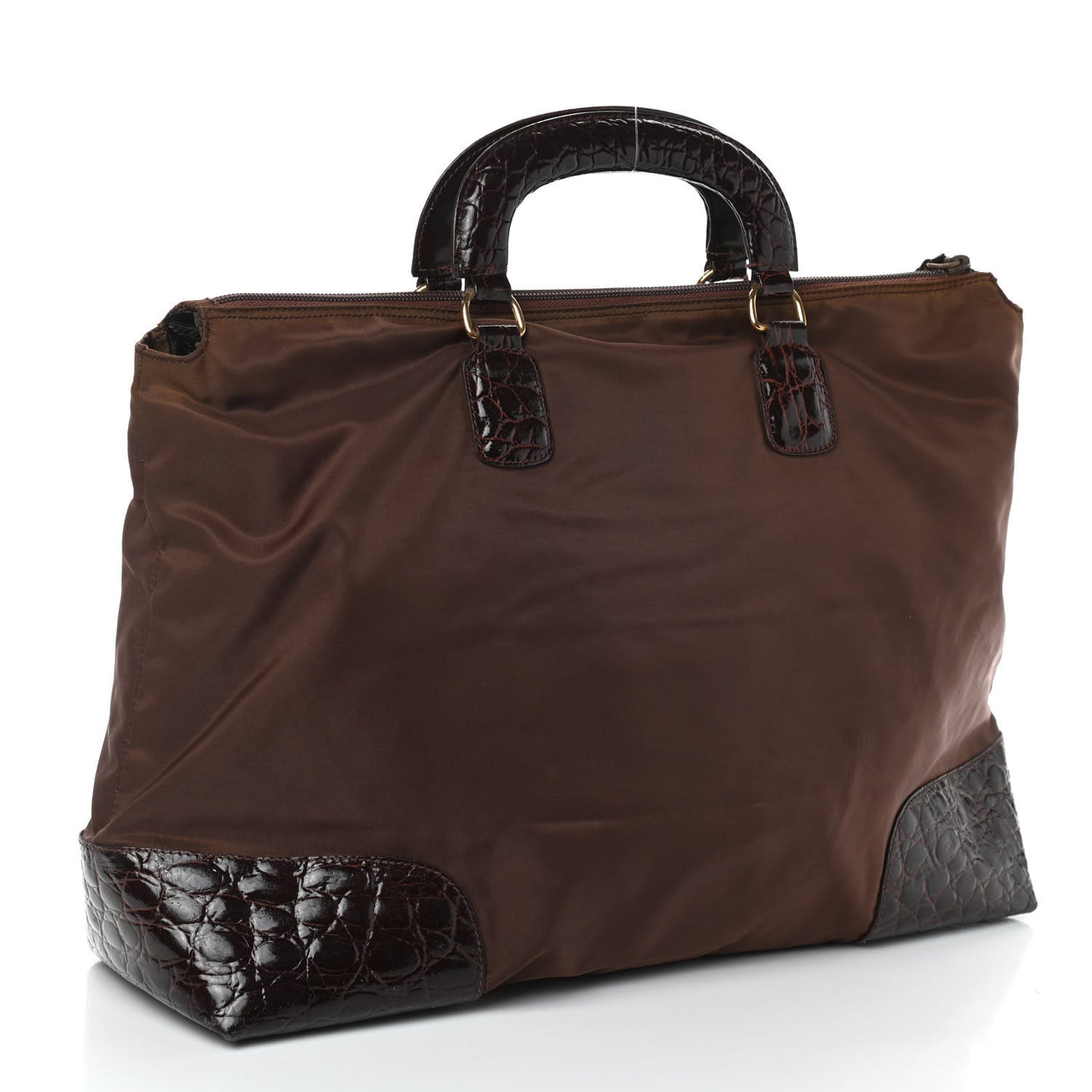 Tessuto Nylon Calfskin Crocodile Embossed Tote Brown
