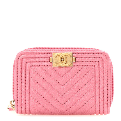 Chanel Caviar Chevron Quilted Boy Zip Around Coin Purse Wallet Pink 1 of 8