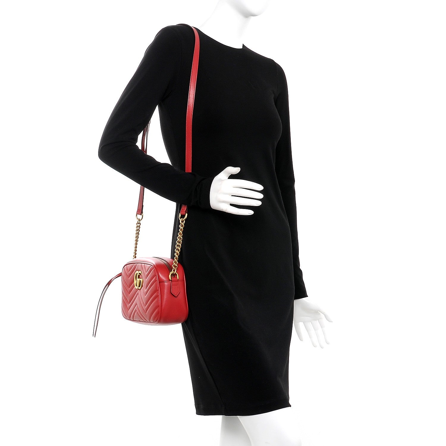 Gucci Calfskin Matelasse Small GG Marmont Chain Shoulder Bag Hibiscus Red 2 of 7