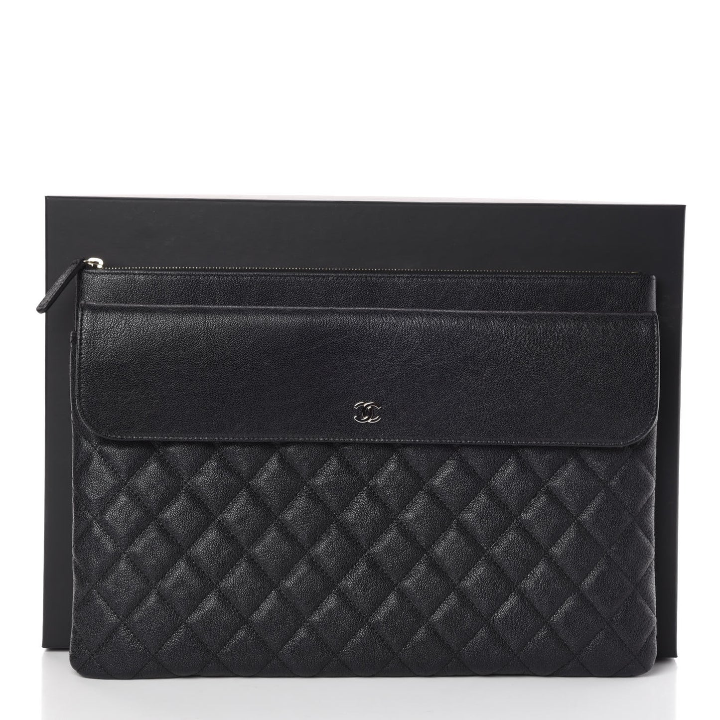 Iridescent Caviar Quilted Large Flap Cosmetic Case Black