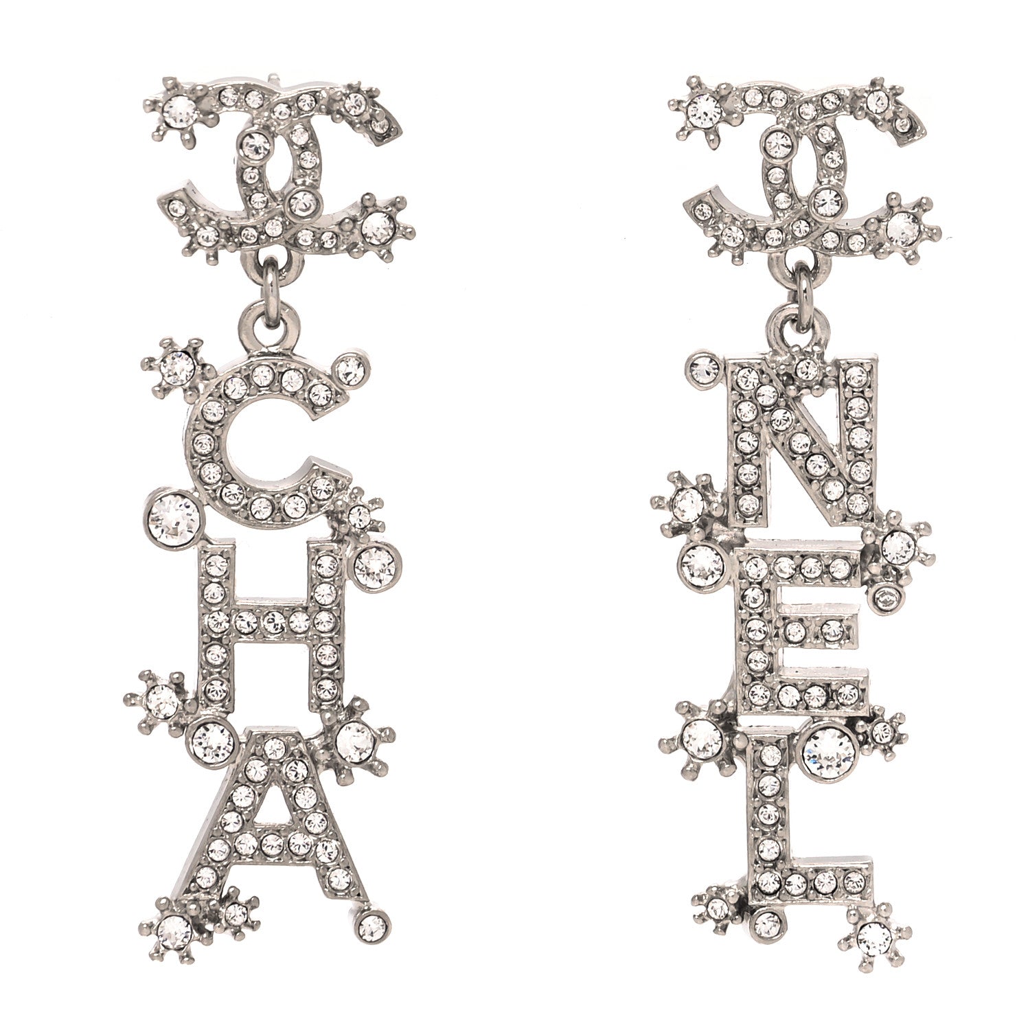 Chanel Crystal Cha-Nel Logo Drop Earrings Silver 1 of 4