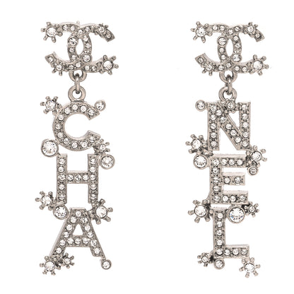 Chanel Crystal Cha-Nel Logo Drop Earrings Silver 1 of 4