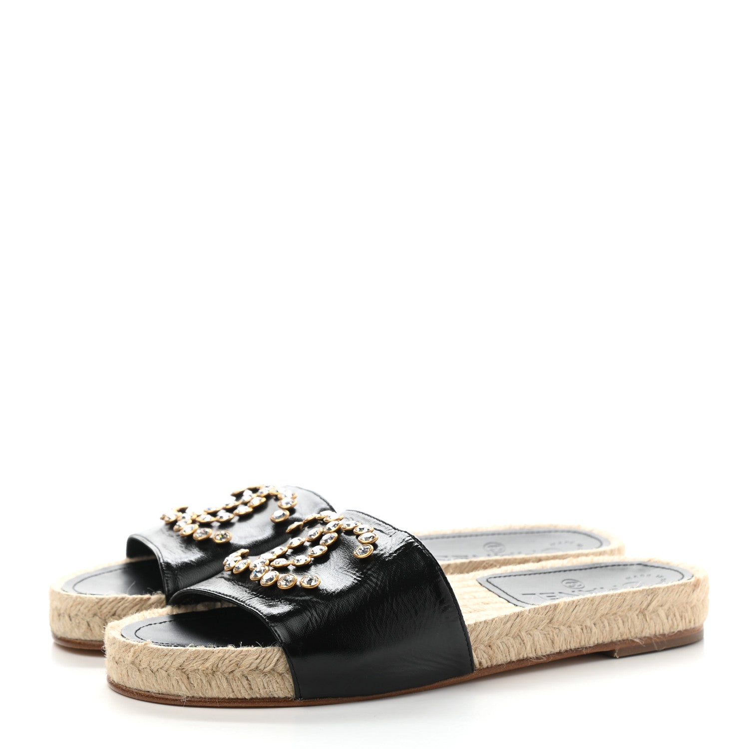 Chanel Patent Calfskin Crystal CC Espadrille Slip On Sandals 37 Black 3 of 9