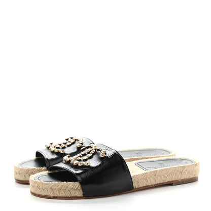 Chanel Patent Calfskin Crystal CC Espadrille Slip On Sandals 37 Black 3 of 9