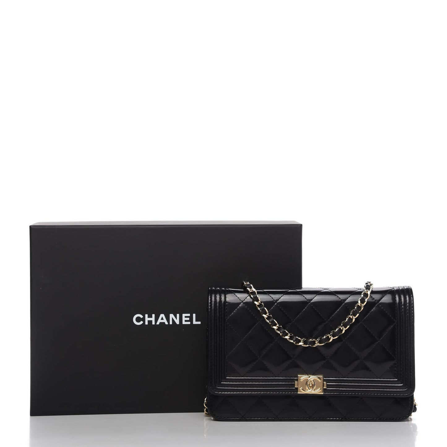 Patent Calfskin Quilted Boy Wallet On Chain WOC Black