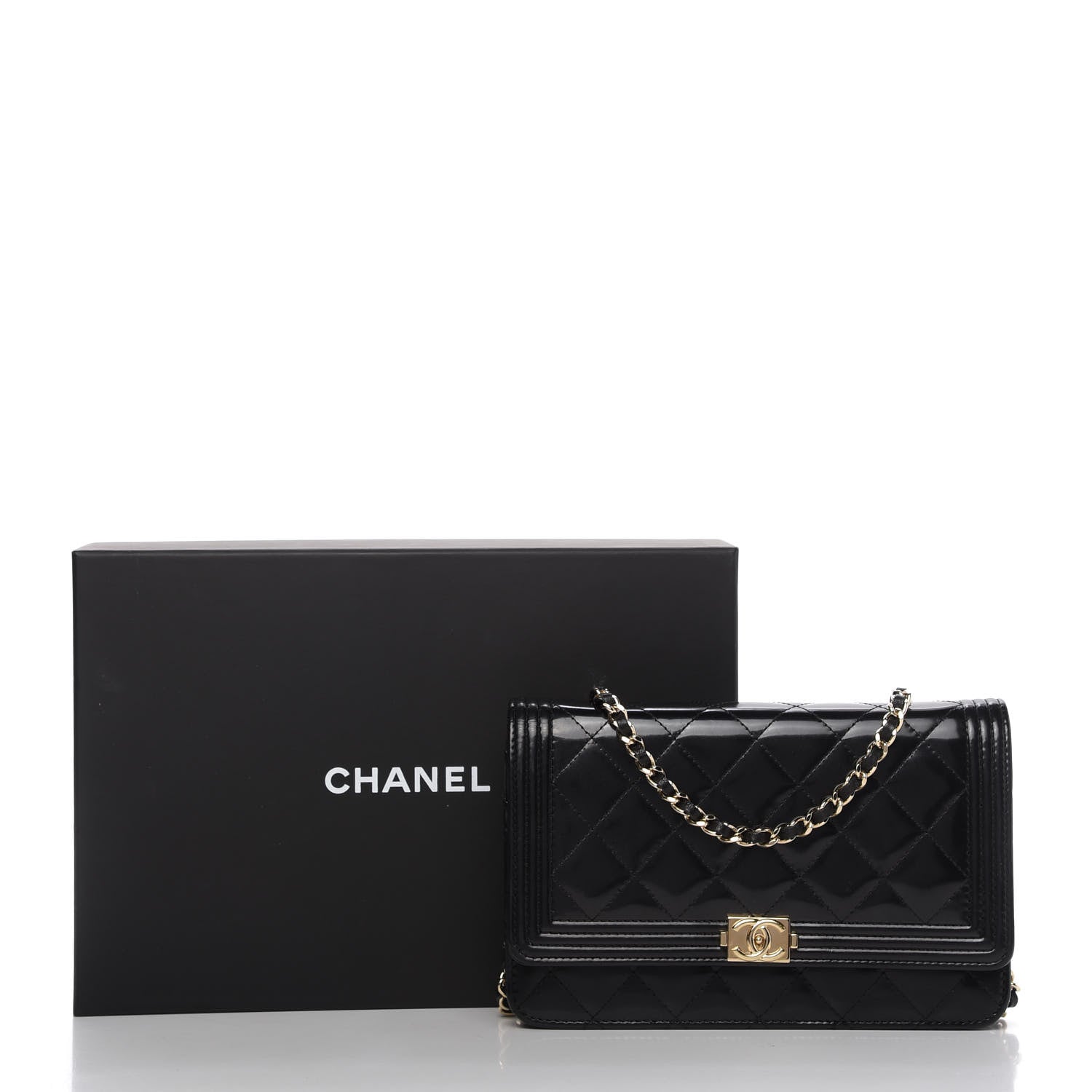 Chanel Patent Calfskin Quilted Boy Wallet On Chain WOC Black 12 of 12