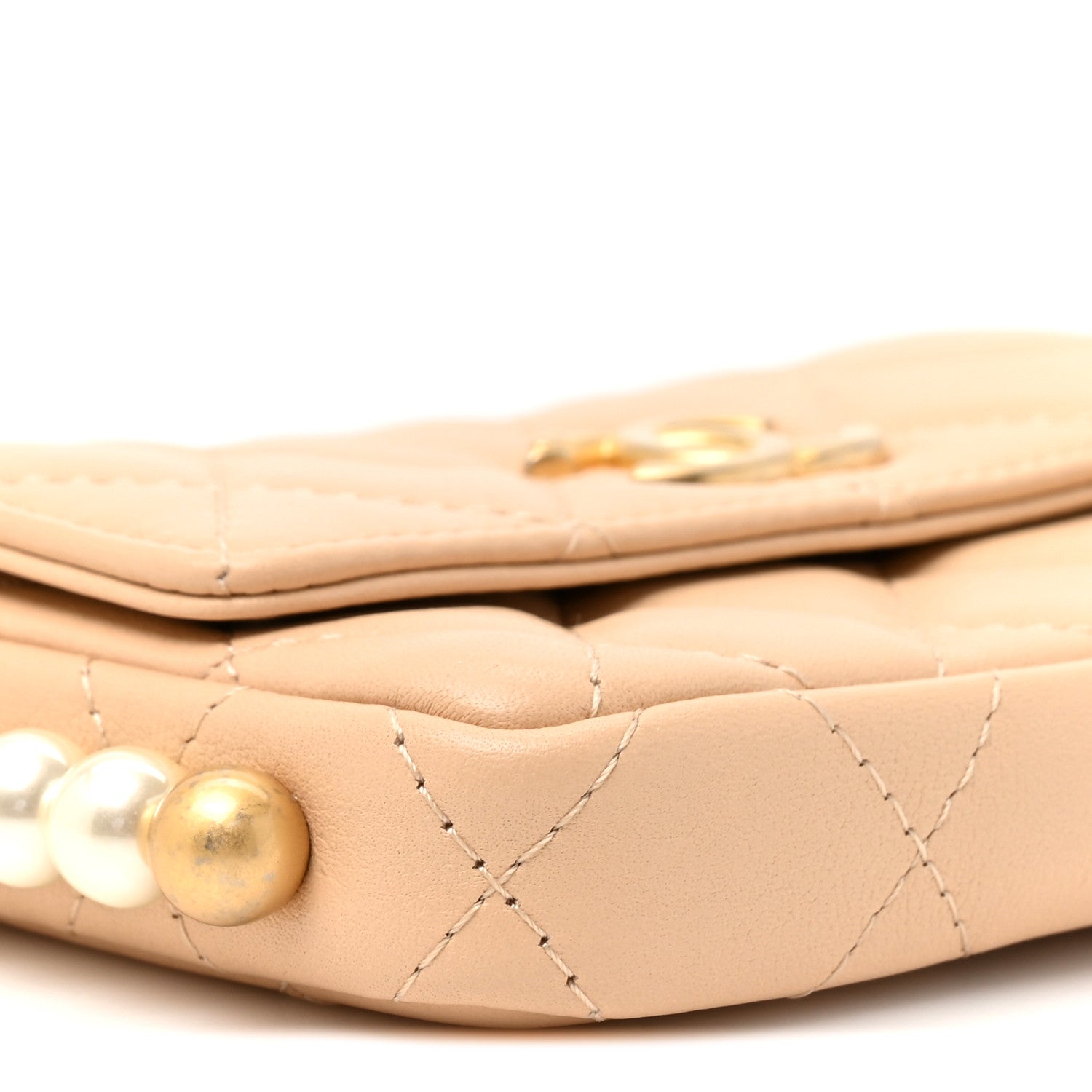 Chanel Calfskin Quilted Maxi Pearls Card Holder Flap With Chain Beige 9 of 9