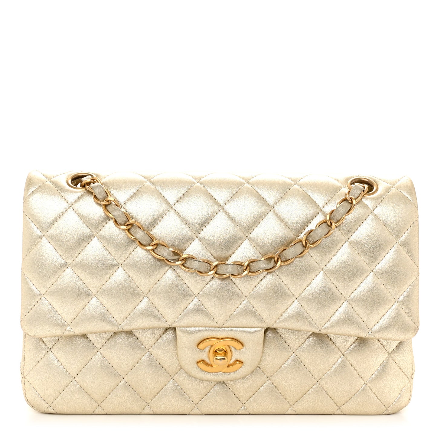 Metallic Lambskin Quilted Medium Double Flap Gold