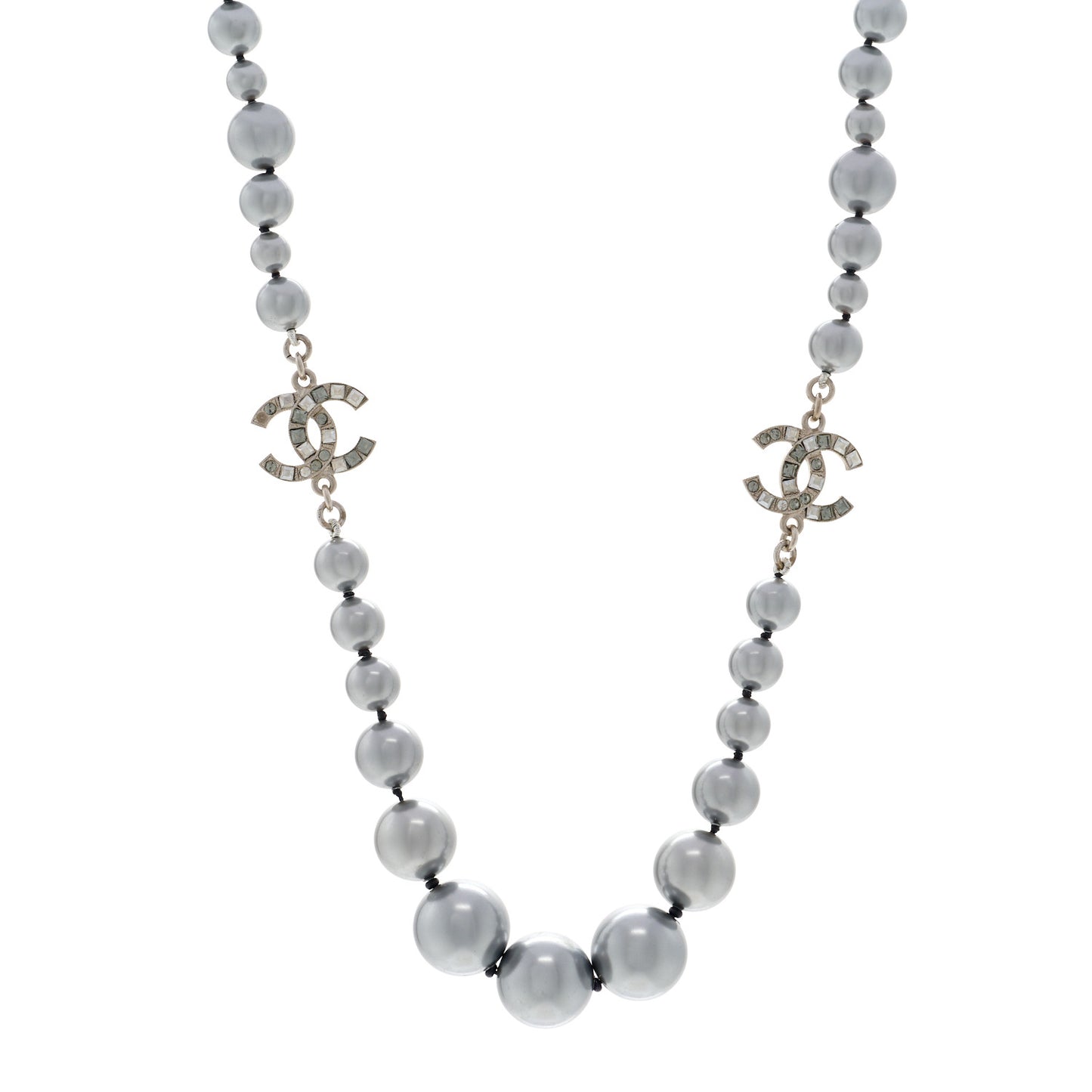 Crystal Baguette Graduated Pearl CC Short Necklace Silver Grey