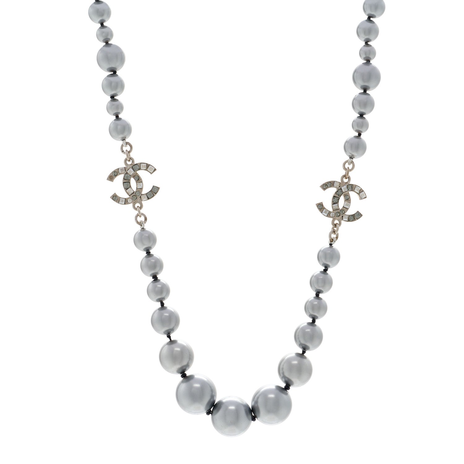 Chanel Crystal Baguette Graduated Pearl CC Short Necklace Silver Grey 1 of 5