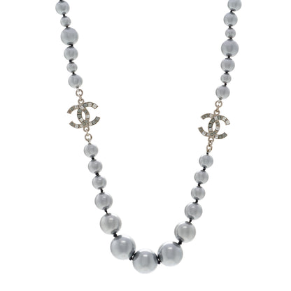 Chanel Crystal Baguette Graduated Pearl CC Short Necklace Silver Grey 1 of 5