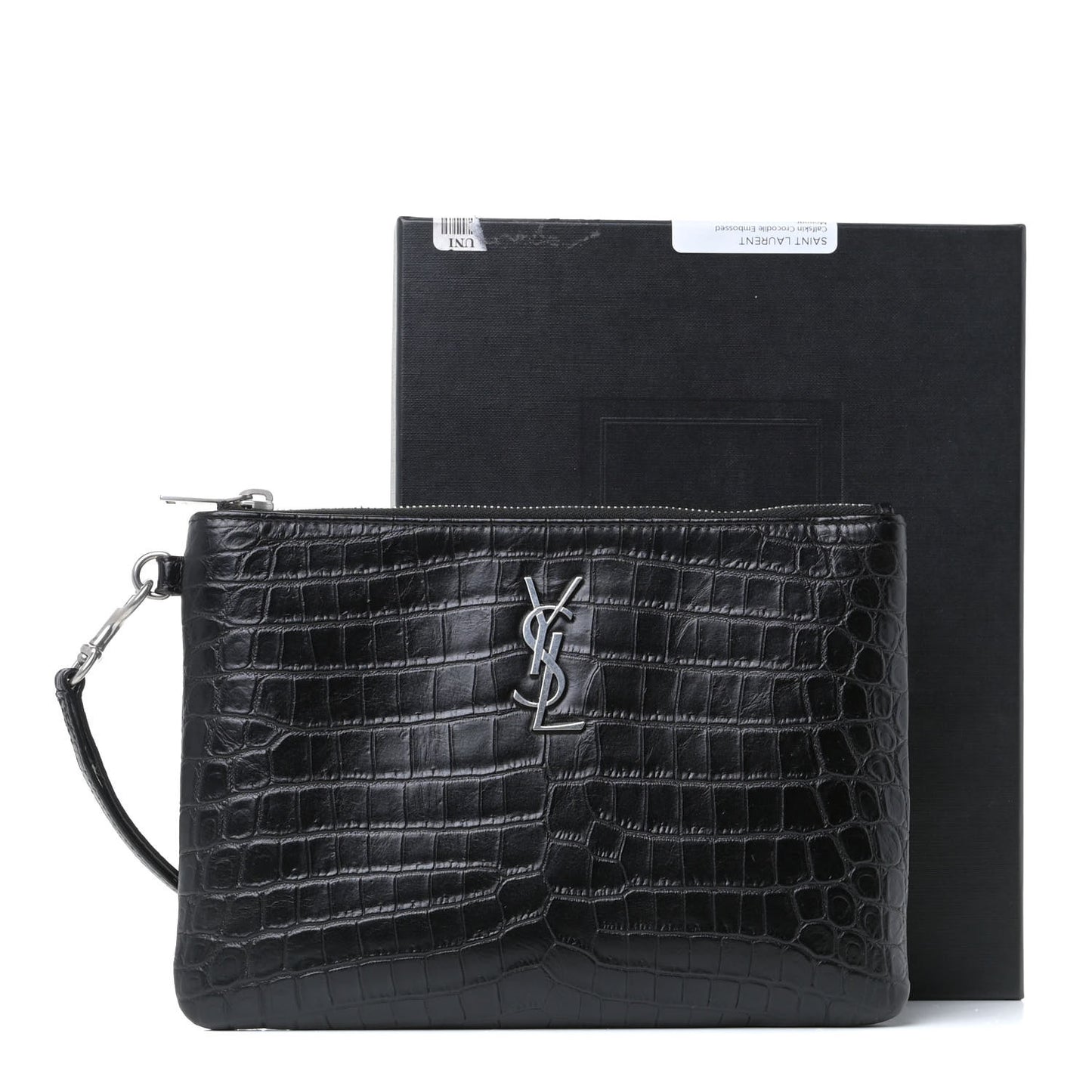 Calfskin Crocodile Embossed Monogram Zip Pouch Black