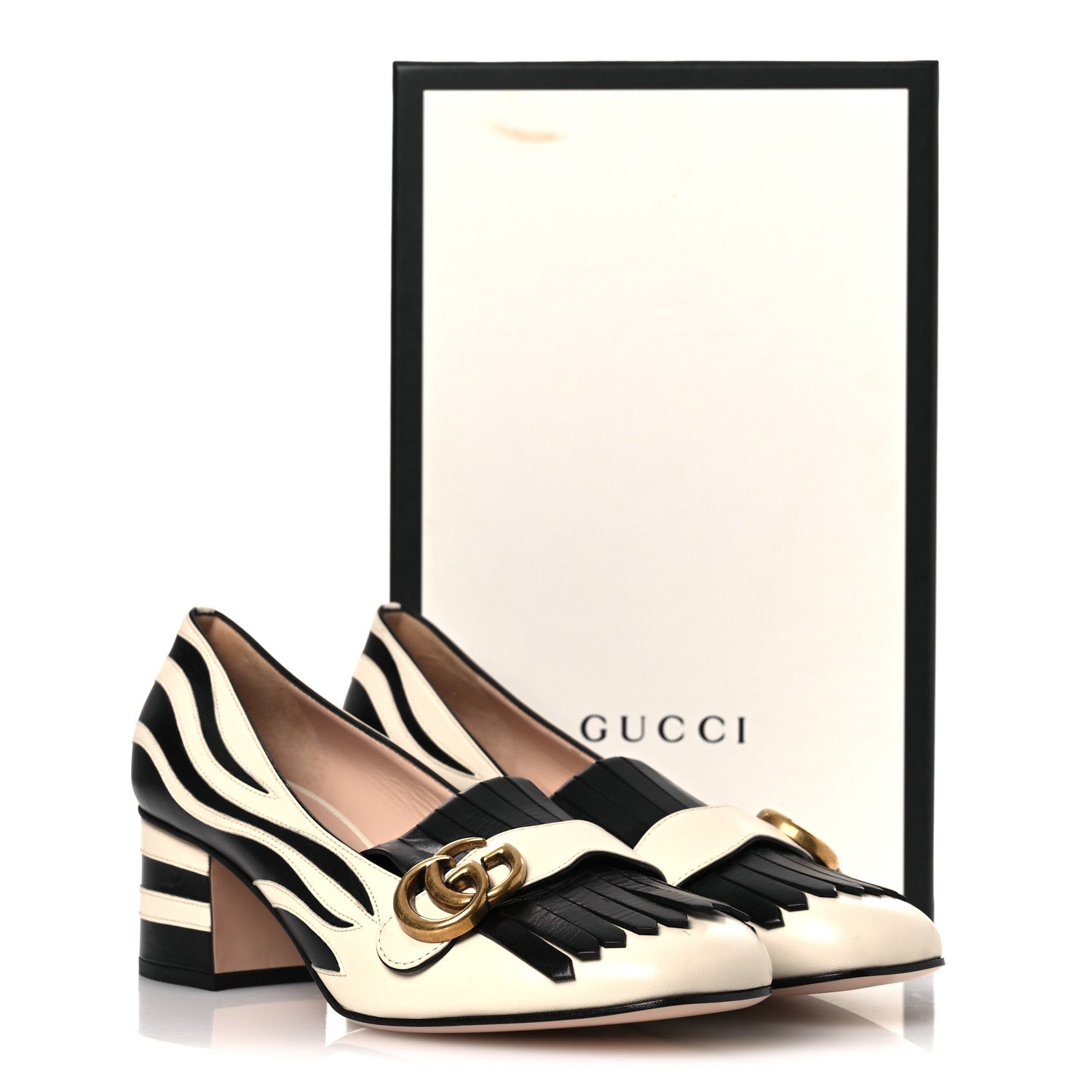Gucci Malaga Kid Zebra Inlay GG Marmont Fringe Loafer 50mm Pumps 39.5 Mystic White Black 13 of 13