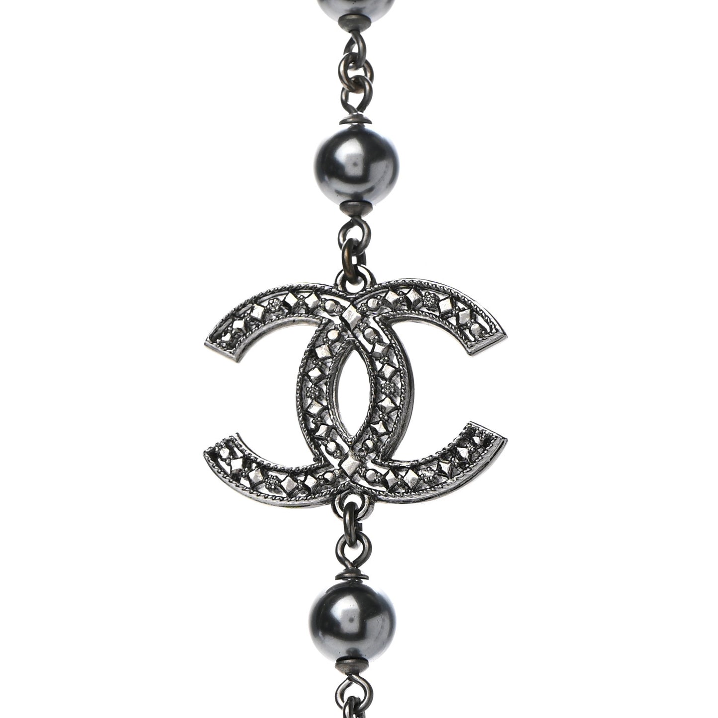 Ruthenium Pearl Beaded CC Long Necklace Black