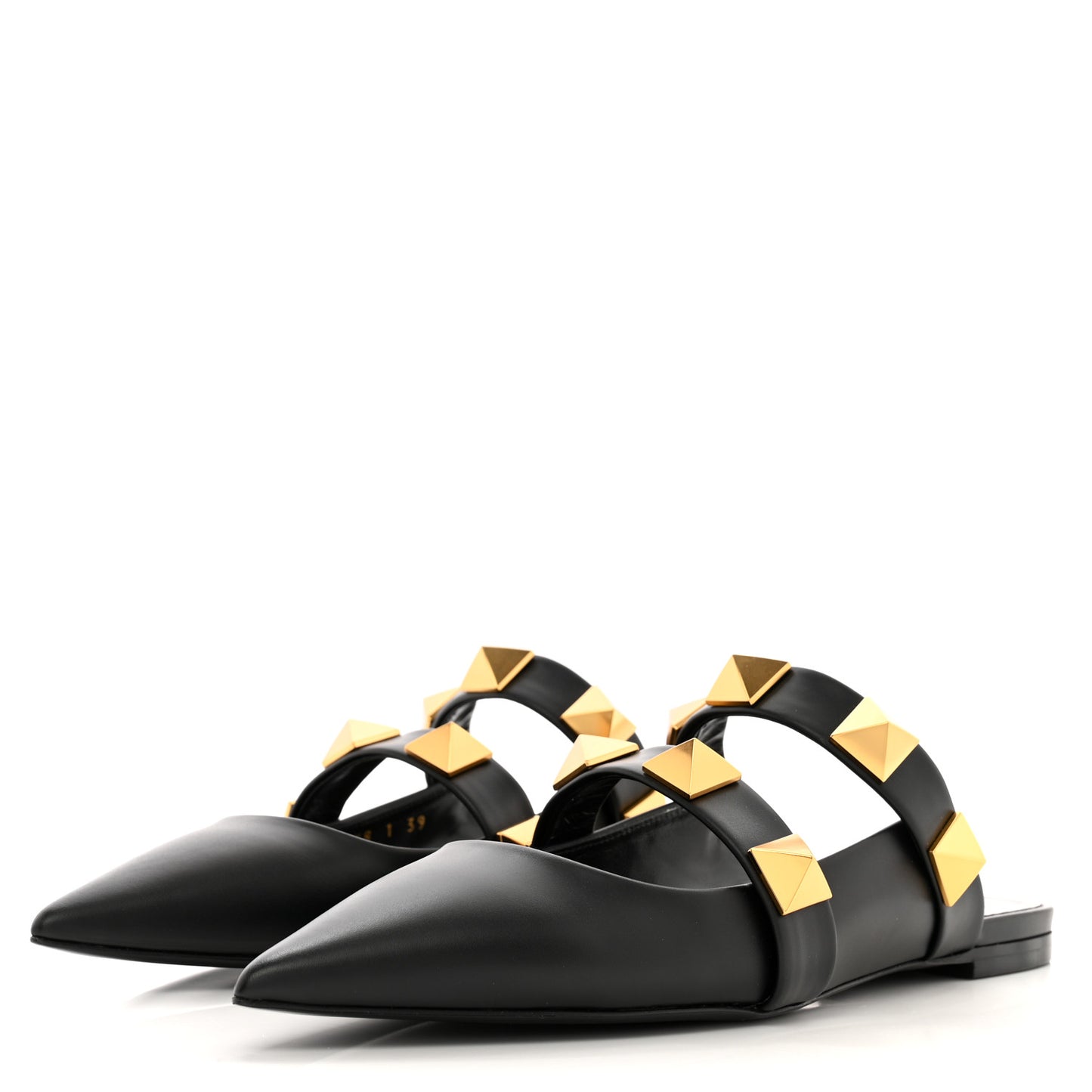 Calfskin Roman Stud Flat Mules 39 Black