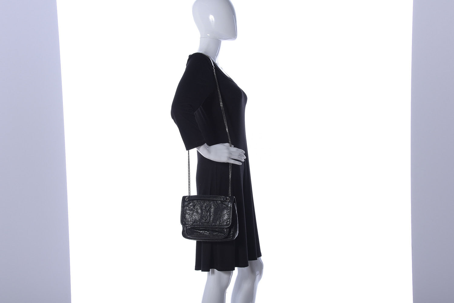 Saint Laurent Crinkled Calfskin Matelasse Monogram Baby Niki Chain Satchel Black 2 of 18