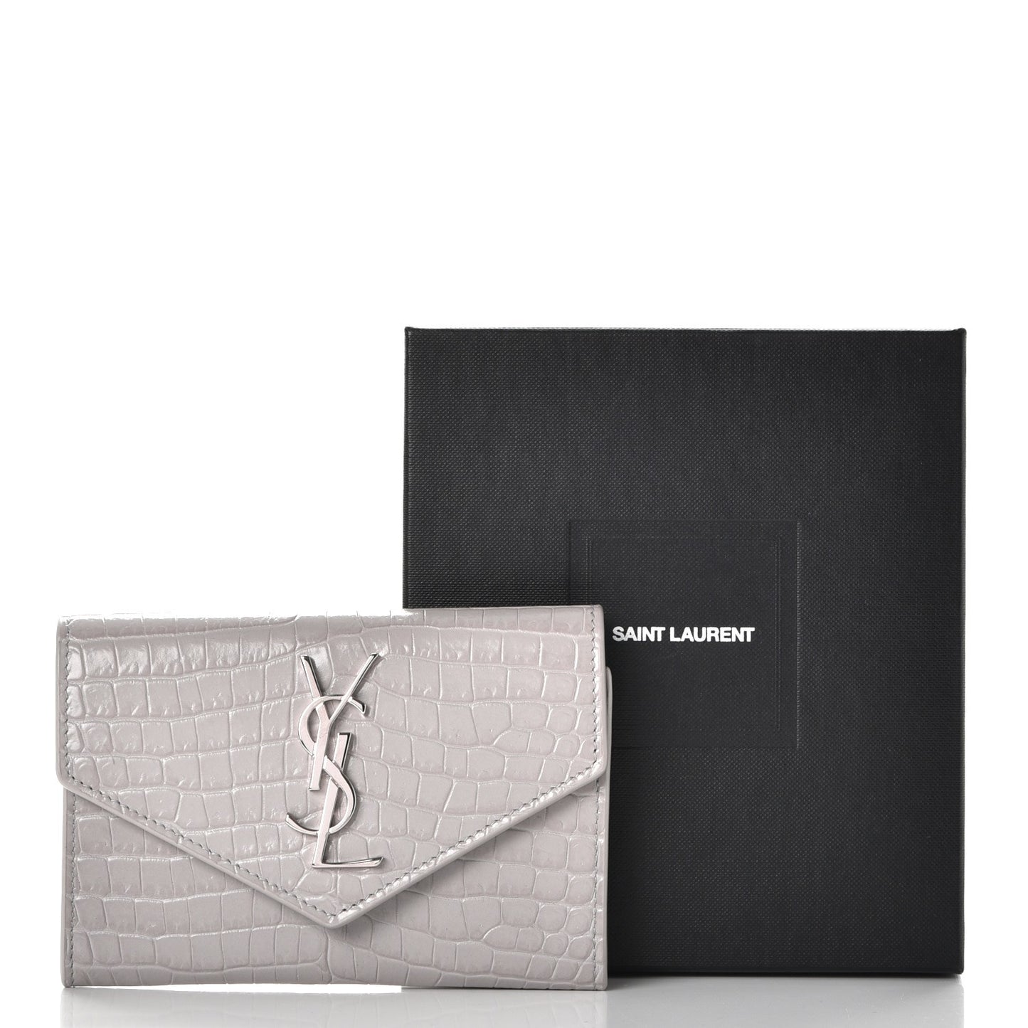 Shiny Calfskin Crocodile Embossed Monogram Envelope Wallet Mouse Grey