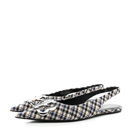 Balenciaga Tweed Prince Of Wales BB Knife Pointy Toe Slingback Flats 37 Beige Navy Silver 3 of 14