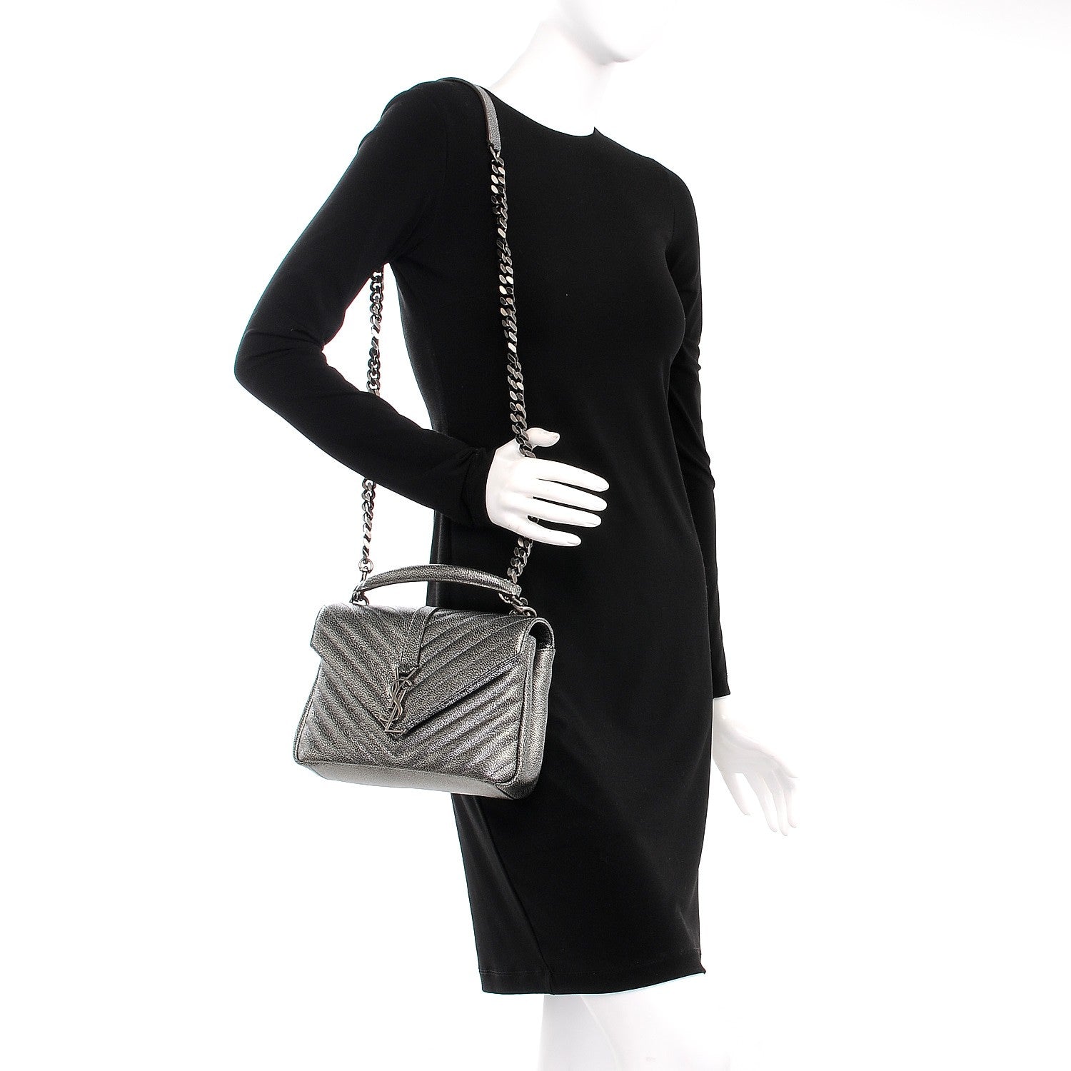 Saint Laurent Metallic Grain De Poudre Matelasse Chevron Monogram Medium College Bag Gunmetal 2 of 8