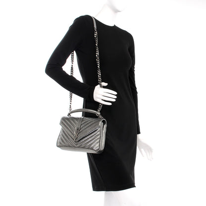 Saint Laurent Metallic Grain De Poudre Matelasse Chevron Monogram Medium College Bag Gunmetal 2 of 8