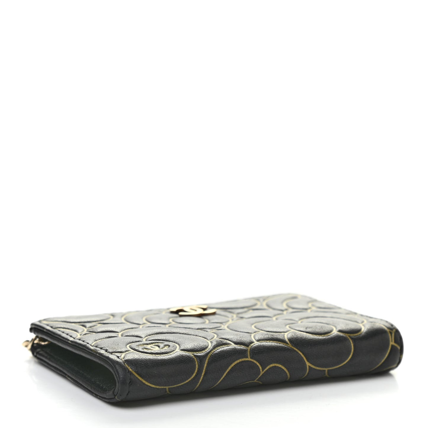 Lambskin Camellia Embossed Key Holder Case Black Gold