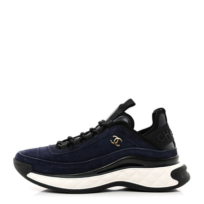 Chanel Suede Calfskin Nylon Grosgrain CC Sneakers 38.5 Navy Blue 1 of 9